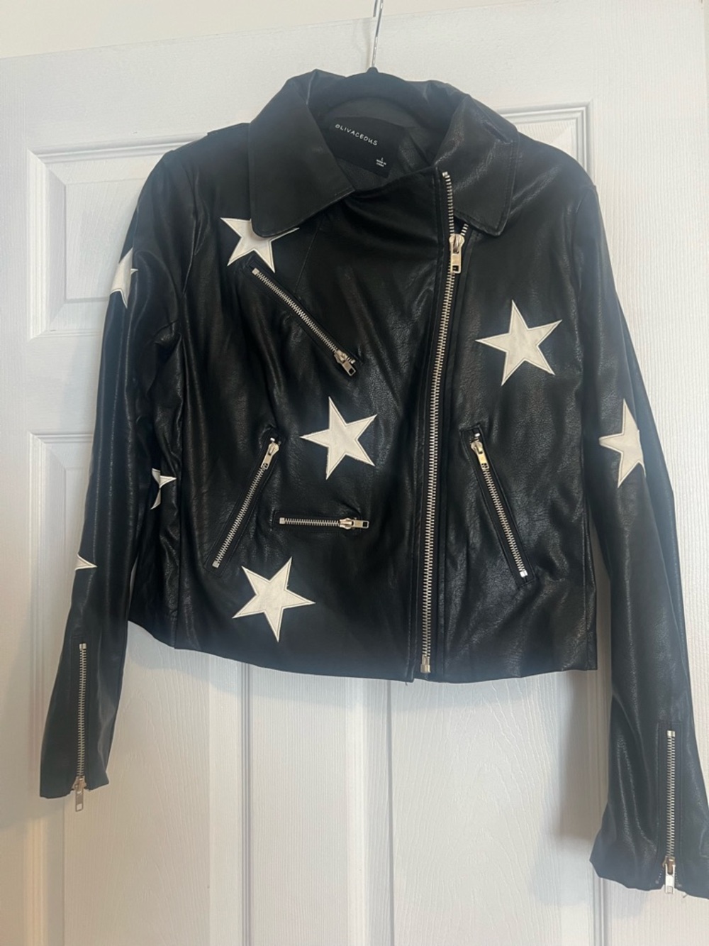 Olivaceous Black Leather Moto Jacket with White Star Appliqués